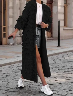 Women's Sweater Cardigan Casual Soft Pure Color Ribbed Open Front Tassel Knitted Long Sleeve Long Tops Knit Outdoor Daily Weekend Black Khaki Fall Winter