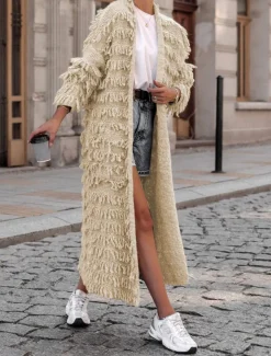 Women's Sweater Cardigan Casual Soft Pure Color Ribbed Open Front Tassel Knitted Long Sleeve Long Tops Knit Outdoor Daily Weekend Black Khaki Fall Winter