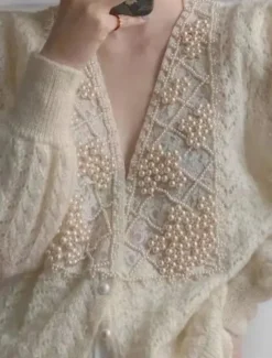Women's Sweater Cardigan Casual Soft Pure Color Ribbed V Neck Lace Buttons Beaded Long Sleeve Regular Tops Knit Outdoor Daily Weekend Beige Fall Winter