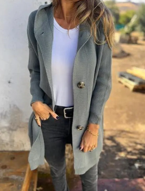 Women's Sweater Cardigan Casual Soft Pure Color Ribbed Hooded Buttons Pocket Knitted Long Sleeve Long Tops Knit Outdoor Daily Weekend Black Yellow Fall Winter