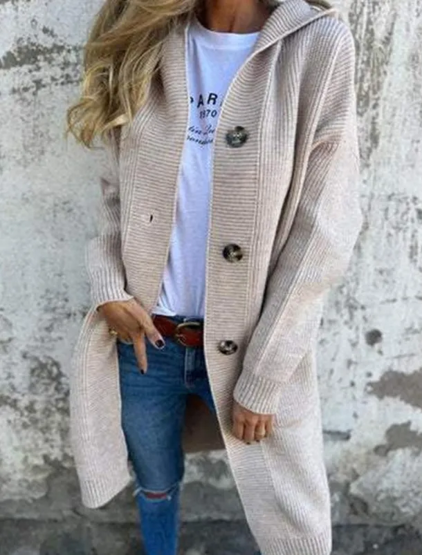 Women's Sweater Cardigan Casual Soft Pure Color Ribbed Hooded Buttons Pocket Knitted Long Sleeve Long Tops Knit Outdoor Daily Weekend Black Yellow Fall Winter