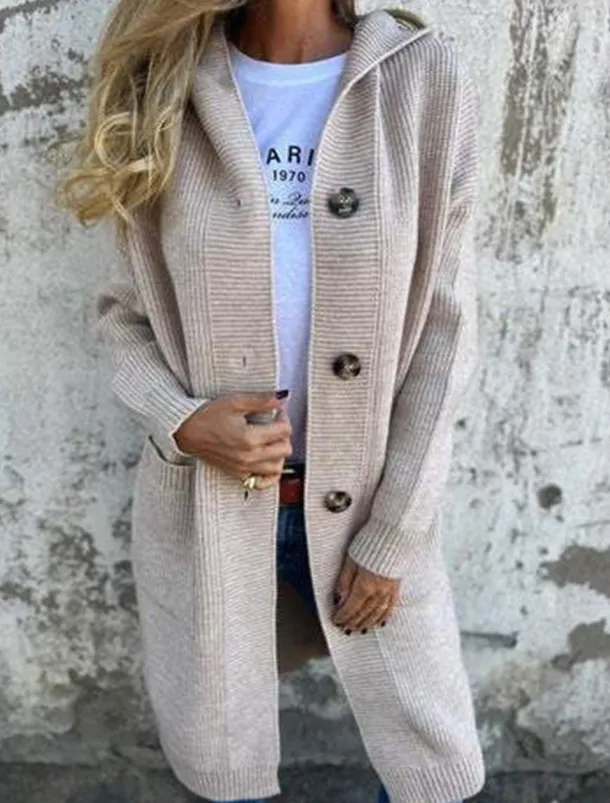 Women's Sweater Cardigan Casual Soft Pure Color Ribbed Hooded Buttons Pocket Knitted Long Sleeve Long Tops Knit Outdoor Daily Weekend Black Yellow Fall Winter