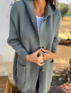 Women's Sweater Cardigan Casual Soft Pure Color Ribbed Hooded Buttons Pocket Knitted Long Sleeve Long Tops Knit Outdoor Daily Weekend Black Yellow Fall Winter