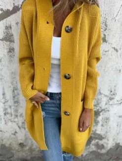 Women's Sweater Cardigan Casual Soft Pure Color Ribbed Hooded Buttons Pocket Knitted Long Sleeve Long Tops Knit Outdoor Daily Weekend Black Yellow Fall Winter