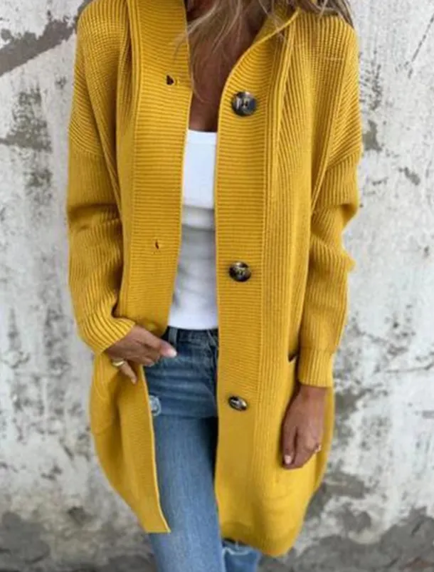 Women's Sweater Cardigan Casual Soft Pure Color Ribbed Hooded Buttons Pocket Knitted Long Sleeve Long Tops Knit Outdoor Daily Weekend Black Yellow Fall Winter
