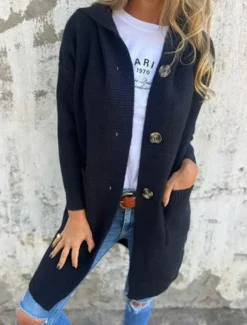 Women's Sweater Cardigan Casual Soft Pure Color Ribbed Hooded Buttons Pocket Knitted Long Sleeve Long Tops Knit Outdoor Daily Weekend Black Yellow Fall Winter