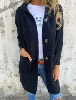 Women's Sweater Cardigan Casual Soft Pure Color Ribbed Hooded Buttons Pocket Knitted Long Sleeve Long Tops Knit Outdoor Daily Weekend Black Yellow Fall Winter