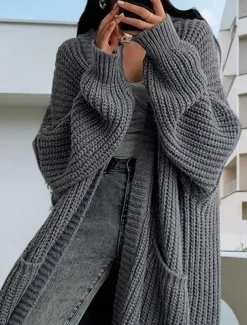 Women's Sweater Cardigan Casual Soft Pure Color Chunky Open Front Buttons Knitted Long Sleeve Long Tops Knit Outdoor Daily Weekend Dark Gray Beige Fall Winter