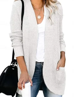 Women's Sweater Cardigan Casual Soft Pure Color Ribbed Open Front Pocket Knitted Long Sleeve Regular Tops Knit Outdoor Daily Weekend Black White Fall Winter