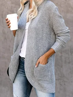 Women's Sweater Cardigan Casual Soft Pure Color Ribbed Open Front Pocket Knitted Long Sleeve Regular Tops Knit Outdoor Daily Weekend Black White Fall Winter