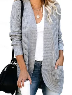 Women's Sweater Cardigan Casual Soft Pure Color Ribbed Open Front Pocket Knitted Long Sleeve Regular Tops Knit Outdoor Daily Weekend Black White Fall Winter