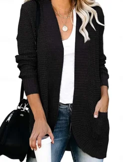 Women's Sweater Cardigan Casual Soft Pure Color Ribbed Open Front Pocket Knitted Long Sleeve Regular Tops Knit Outdoor Daily Weekend Black White Fall Winter