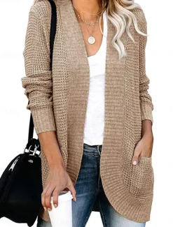 Women's Sweater Cardigan Casual Soft Pure Color Ribbed Open Front Pocket Knitted Long Sleeve Regular Tops Knit Outdoor Daily Weekend Black White Fall Winter