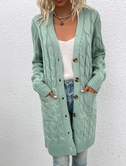 Women's Sweater Cardigan Casual Soft Pure Color Ribbed V Neck Pocket Knitted Long Sleeve Long Tops Knit Outdoor Daily Weekend Red Green Fall Winter