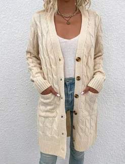 Women's Sweater Cardigan Casual Soft Pure Color Ribbed V Neck Pocket Knitted Long Sleeve Long Tops Knit Outdoor Daily Weekend Red Green Fall Winter