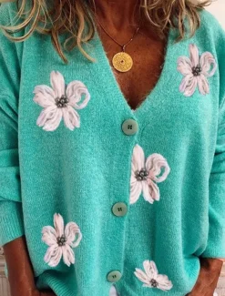 Women's Sweater Cardigan Casual Soft Floral Ribbed V Neck Buttons Knitted Long Sleeve Regular Tops Knit Outdoor Daily Weekend Red Green Fall Winter