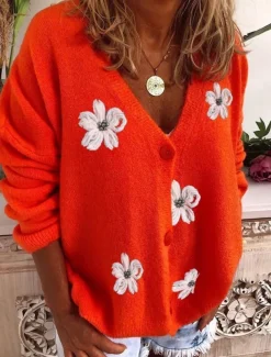 Women's Sweater Cardigan Casual Soft Floral Ribbed V Neck Buttons Knitted Long Sleeve Regular Tops Knit Outdoor Daily Weekend Red Green Fall Winter