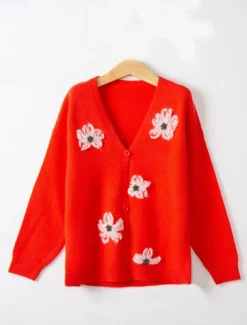 Women's Sweater Cardigan Casual Soft Floral Ribbed V Neck Buttons Knitted Long Sleeve Regular Tops Knit Outdoor Daily Weekend Red Green Fall Winter