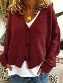 Women's Sweater Cardigan Casual Soft Pure Color Ribbed V Neck Buttons Knitted Long Sleeve Regular Tops Knit Outdoor Daily Weekend Wine Green Fall Winter