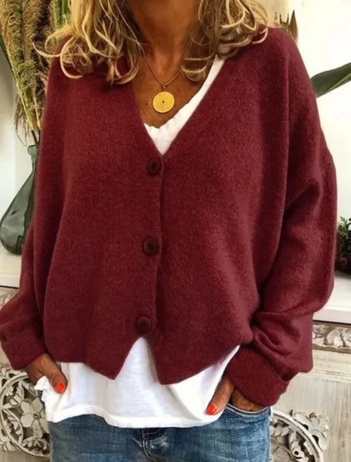 Women's Sweater Cardigan Casual Soft Pure Color Ribbed V Neck Buttons Knitted Long Sleeve Regular Tops Knit Outdoor Daily Weekend Wine Green Fall Winter