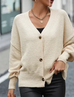 Women's Sweater Cardigan Daily Casual Solid Color Shirt Collar Knitted Textured Long Sleeve Regular Tops Knit Home Work White Red Fall Winter