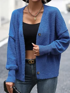 Women's Sweater Cardigan Daily Casual Solid Color Shirt Collar Knitted Textured Long Sleeve Regular Tops Knit Home Work White Red Fall Winter