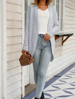 Women's Sweater Cardigan Daily Casual Solid Color Open Front Knitted Long Sleeve Long Tops Knit Home Work Khaki Light Grey Fall Winter