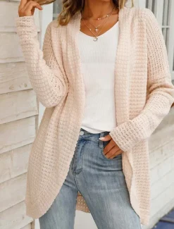 Women's Sweater Cardigan Daily Casual Solid Color Open Front Knitted Long Sleeve Long Tops Knit Home Work Khaki Light Grey Fall Winter