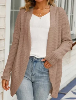 Women's Sweater Cardigan Daily Casual Solid Color Open Front Knitted Long Sleeve Long Tops Knit Home Work Khaki Light Grey Fall Winter