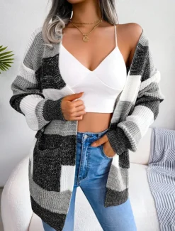 Women's Sweater Cardigan Elegant Fashion Streetwear Striped Pure Color Open Front Knitted Long Sleeve Regular Tops Knit Outdoor Daily Weekend Black Wine Fall Winter
