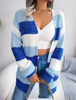 Women's Sweater Cardigan Elegant Fashion Streetwear Striped Pure Color Open Front Knitted Long Sleeve Regular Tops Knit Outdoor Daily Weekend Black Wine Fall Winter