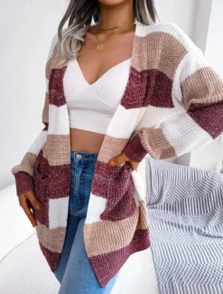 Women's Sweater Cardigan Elegant Fashion Streetwear Striped Pure Color Open Front Knitted Long Sleeve Regular Tops Knit Outdoor Daily Weekend Black Wine Fall Winter