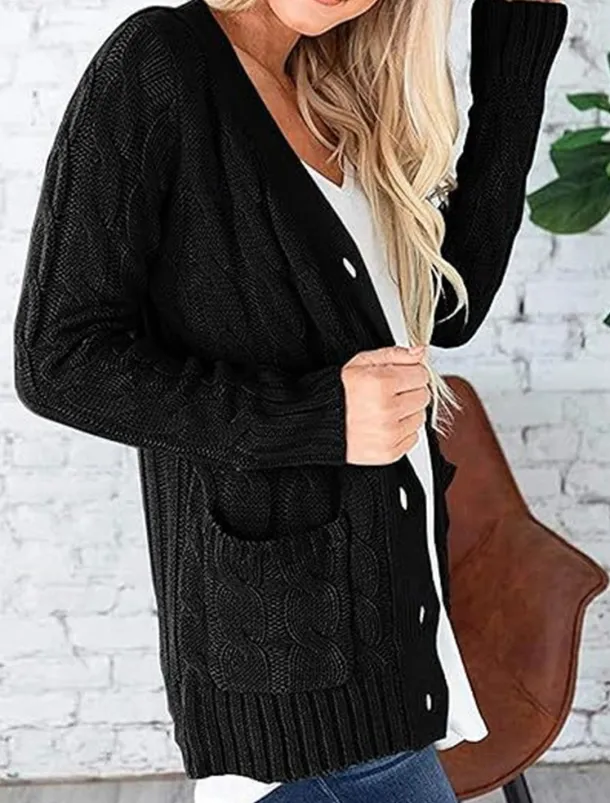 Women's Sweater Cardigan Elegant Fashion Streetwear Solid Color V Neck Pocket Knitted Long Sleeve Regular Tops Knit Outdoor Daily Weekend Black White Fall Winter