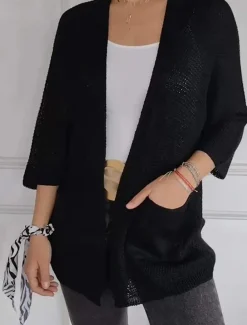 Women's Sweater Cardigan Elegant Fashion Streetwear Pure Color V Neck Pocket Knitted Long Sleeve Regular Tops Knit Outdoor Daily Weekend Black White Fall Winter