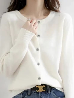 Women's Sweater Cardigan Elegant Fashion Streetwear Pure Color Crew Neck Pocket Knitted Long Sleeve Regular Tops Knit Outdoor Daily Weekend Black White Fall Winter