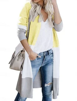 Women's Sweater Cardigan Elegant Fashion Streetwear Striped Open Front Pocket Knitted Long Sleeve Long Tops Knit Outdoor Daily Weekend Black Yellow Fall Winter