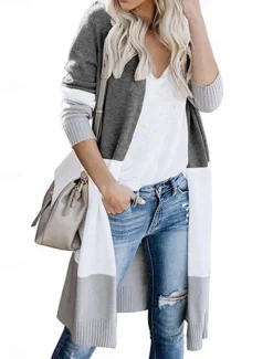 Women's Sweater Cardigan Elegant Fashion Streetwear Striped Open Front Pocket Knitted Long Sleeve Long Tops Knit Outdoor Daily Weekend Black Yellow Fall Winter