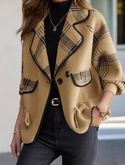 Women's Sweater Cardigan Sweater Jacket Shirt Collar Knit Patchwork Button Knitted Raglan Sleeves Spring Fall Daily Holiday Weekend Daily Stylish Casual Long Sleeve Plaid Color Block Black