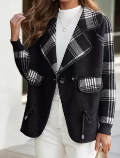 Women's Sweater Cardigan Sweater Jacket Shirt Collar Knit Patchwork Button Knitted Raglan Sleeves Spring Fall Daily Holiday Weekend Daily Stylish Casual Long Sleeve Plaid Color Block Black
