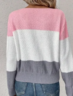 Women's Sweater Casual Color Block Cable Crew Neck Knitted Long Sleeve Regular Tops Knit Daily Pink Spring Fall