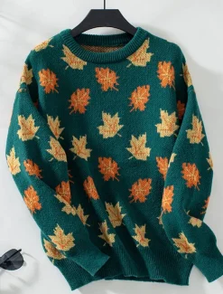 Women's Sweater Casual Graphic Crew Neck Print Long Sleeve Regular Tops Knit Weekend Black Green Fall Winter