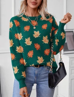 Women's Sweater Casual Graphic Crew Neck Print Long Sleeve Regular Tops Knit Weekend Black Green Fall Winter