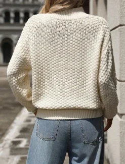 Women's Sweater Casual Soft Solid Color Mock Neck Textured Long Sleeve Regular Tops Knit Outdoor Work Daily Black White Fall Winter