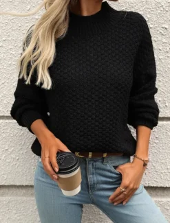 Women's Sweater Casual Soft Solid Color Mock Neck Textured Long Sleeve Regular Tops Knit Outdoor Work Daily Black White Fall Winter
