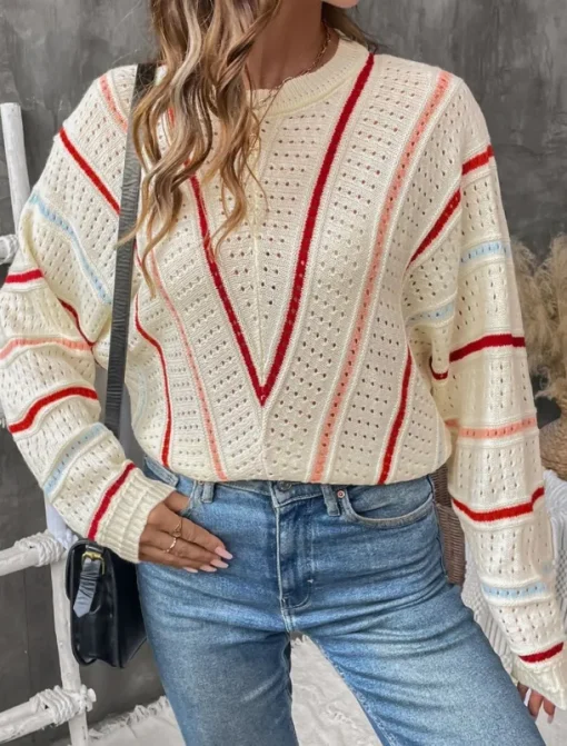 Women's Sweater Casual Soft Pure Color Ribbed Crew Neck Knitted Hole Long Sleeve Regular Tops Knit Outdoor Daily Weekend Apricot Fall Winter