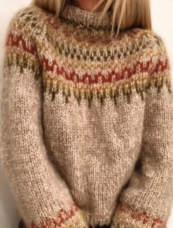 Women's Sweater Casual Soft Geometric Ribbed Turtleneck Knitted Long Sleeve Regular Tops Knit Outdoor Daily Weekend Khaki Gray Fall Winter