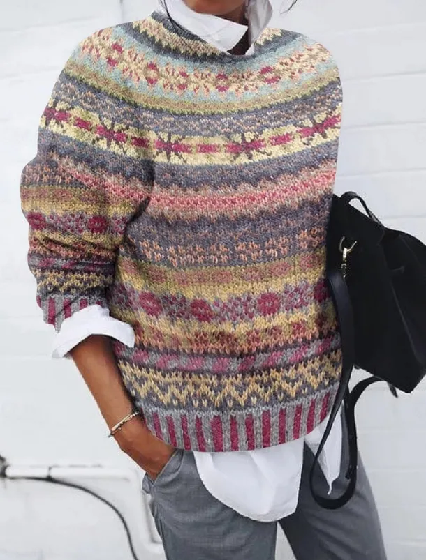 Women's Sweater Casual Soft Geometric Pure Color Ribbed Crew Neck Knitted Print Long Sleeve Regular Tops Knit Outdoor Daily Weekend Red Blue Fall Winter