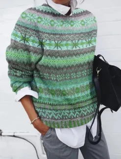 Women's Sweater Casual Soft Geometric Pure Color Ribbed Crew Neck Knitted Print Long Sleeve Regular Tops Knit Outdoor Daily Weekend Red Blue Fall Winter