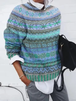 Women's Sweater Casual Soft Geometric Pure Color Ribbed Crew Neck Knitted Print Long Sleeve Regular Tops Knit Outdoor Daily Weekend Red Blue Fall Winter