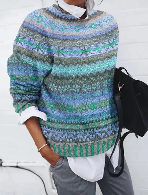 Women's Sweater Casual Soft Geometric Pure Color Ribbed Crew Neck Knitted Print Long Sleeve Regular Tops Knit Outdoor Daily Weekend Red Blue Fall Winter